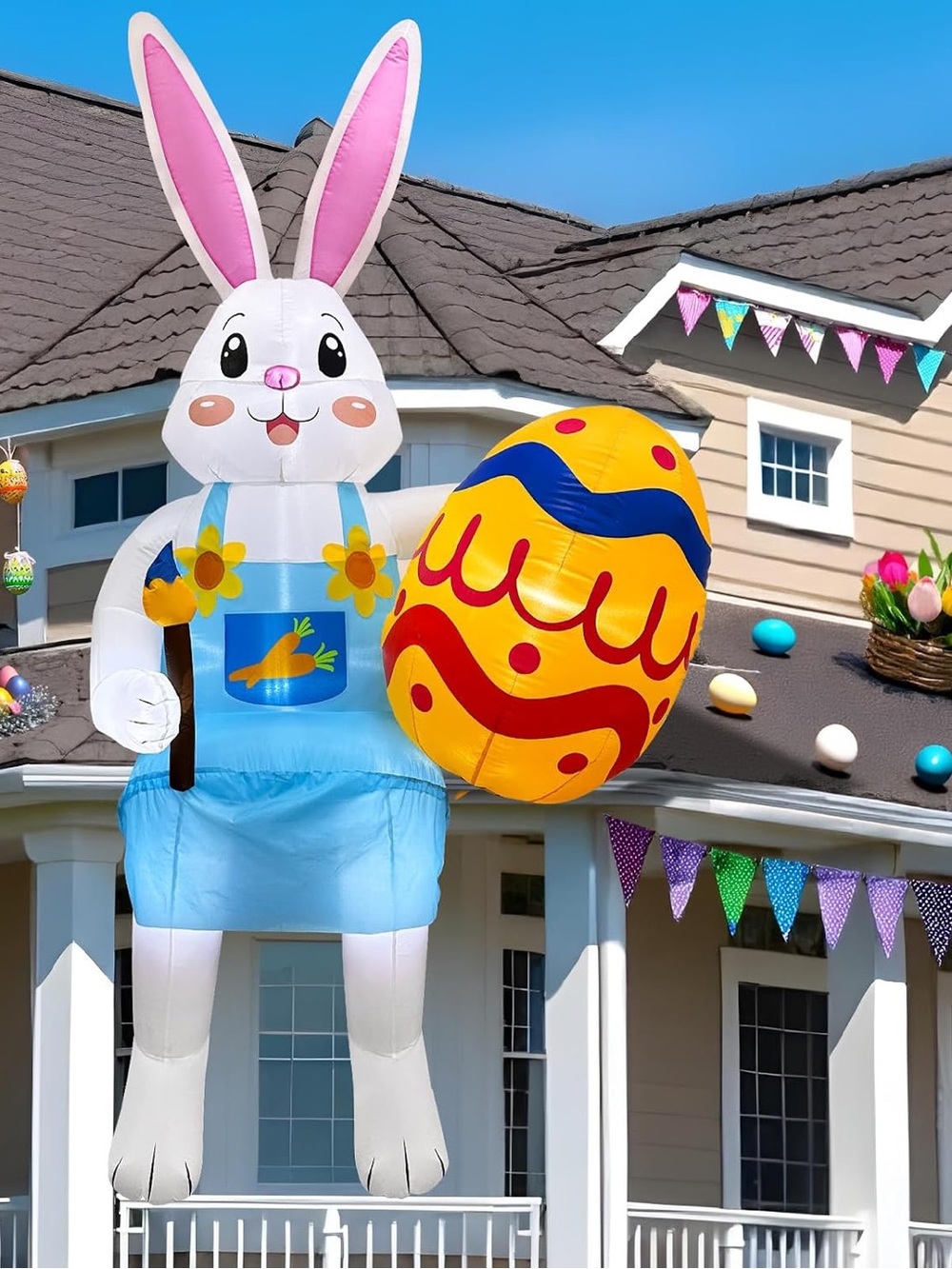 Festive Blue Easter Bunny Inflatable with Yellow Egg - Home Party Supplies